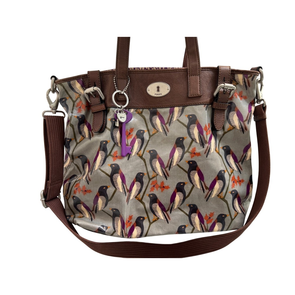 Fossil Tote Bag Large Grey Bird Print Key-Per Crossbody Satchel Overnight Travel
